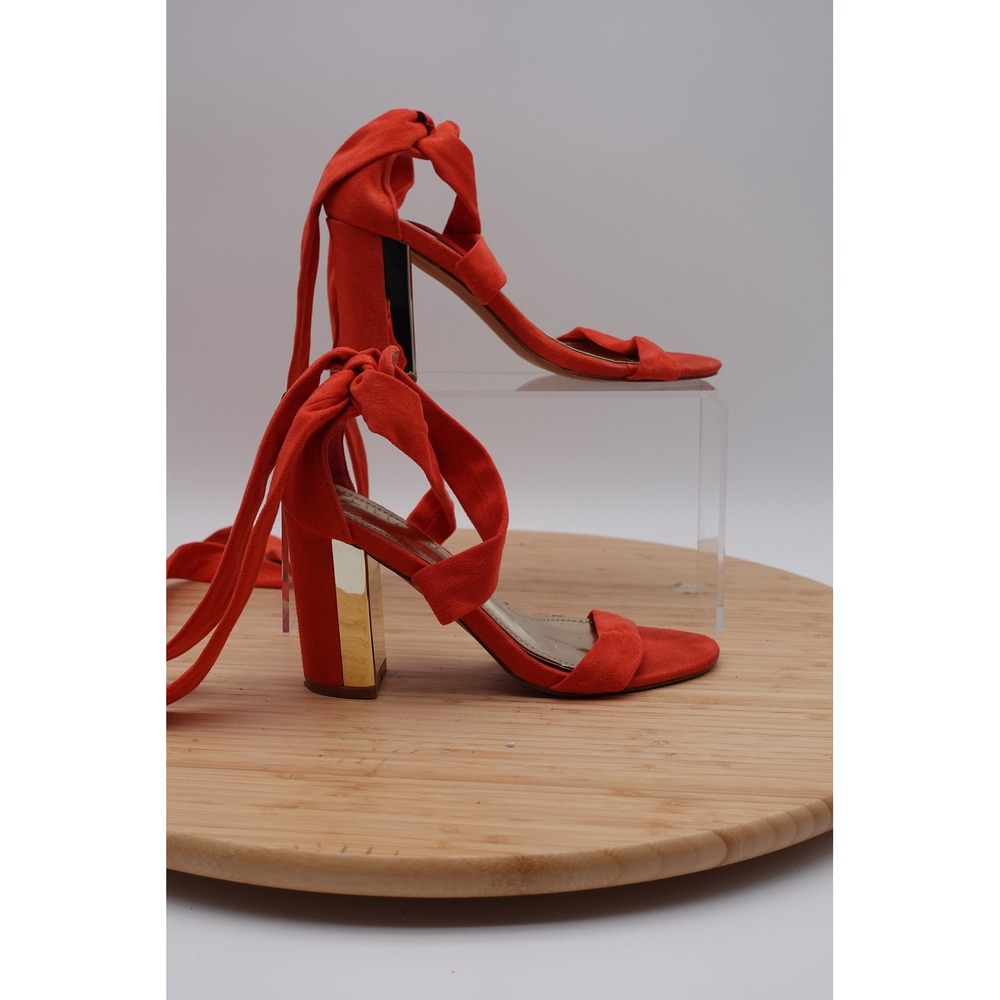 Sandals Womens Size 6 37 Red Faux Suede Strappy Tie Ankle Block Heel Dress Shoes